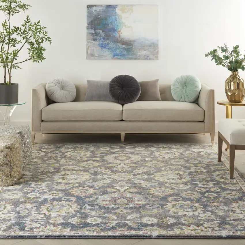 Charcoal Brown and Yellow Floral Distressed Area Rug Photo 5