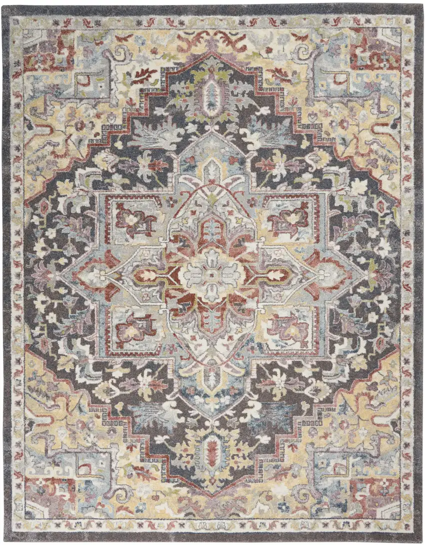 Charcoal Brown and Yellow Floral Distressed Area Rug Photo 2