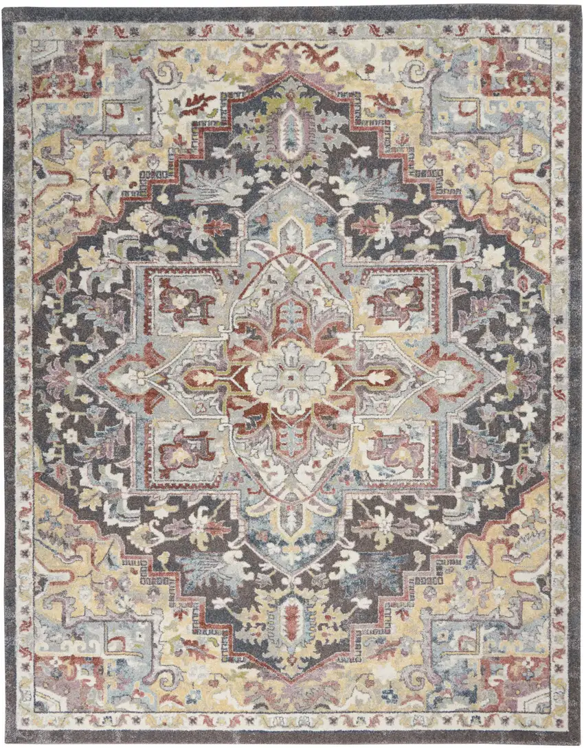 Charcoal Brown and Yellow Floral Distressed Area Rug Photo 1