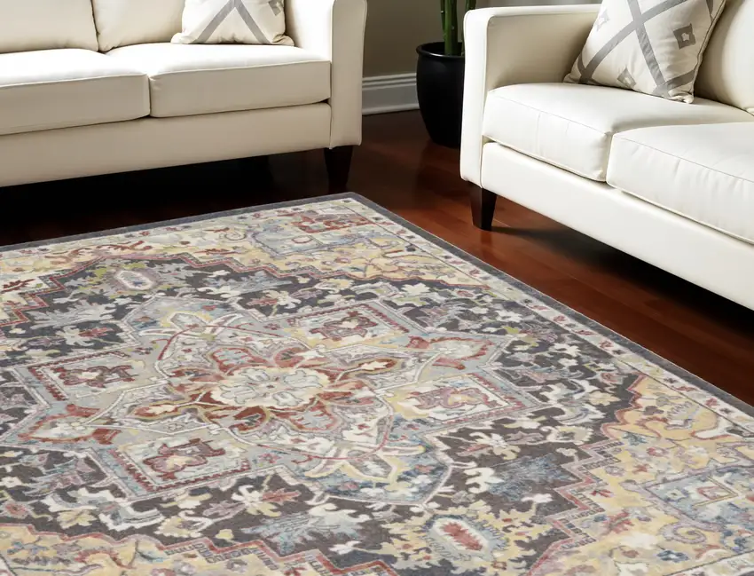 Charcoal Brown and Yellow Floral Distressed Area Rug Photo 1