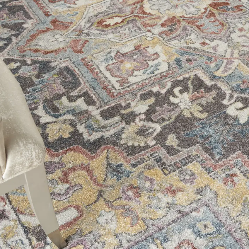Charcoal Brown and Yellow Floral Distressed Area Rug Photo 8