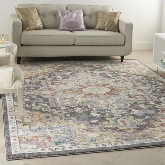 Charcoal Brown and Yellow Floral Distressed Area Rug Photo 3