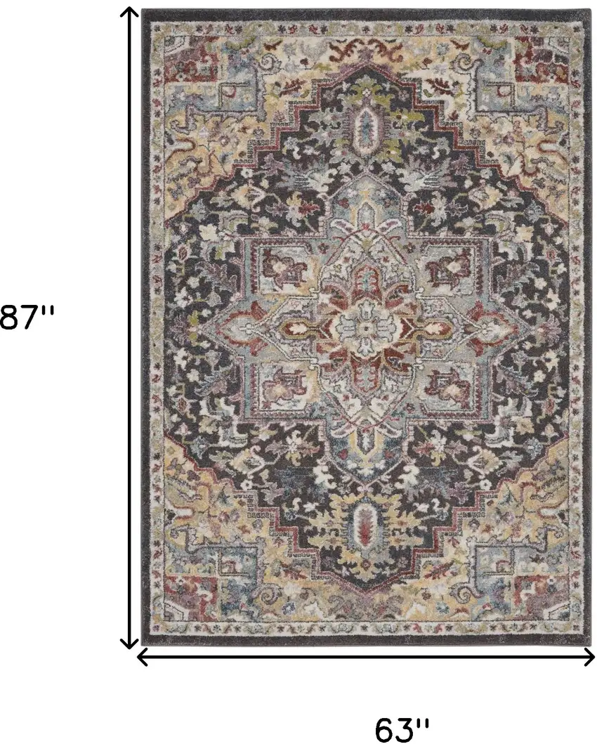 Charcoal Brown and Yellow Floral Medallion Distressed Area Rug Photo 3