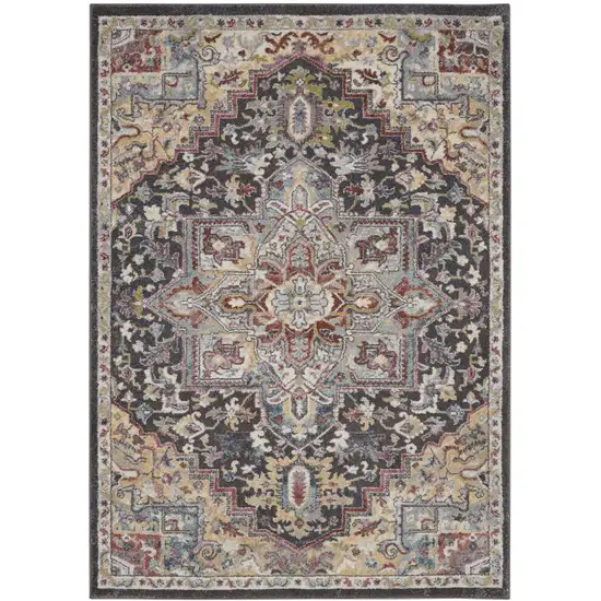 Charcoal Brown and Yellow Floral Medallion Distressed Area Rug Photo 1