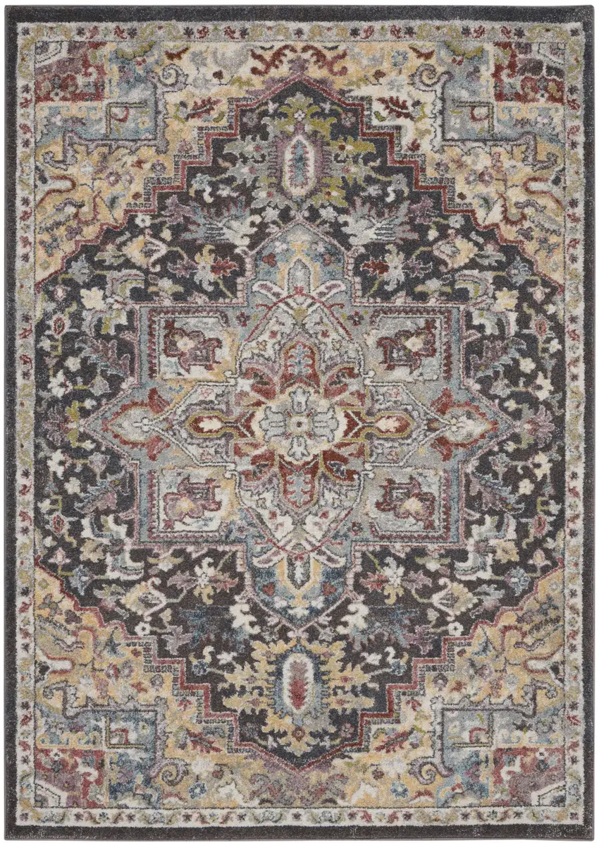 Charcoal Brown and Yellow Floral Medallion Distressed Area Rug Photo 1