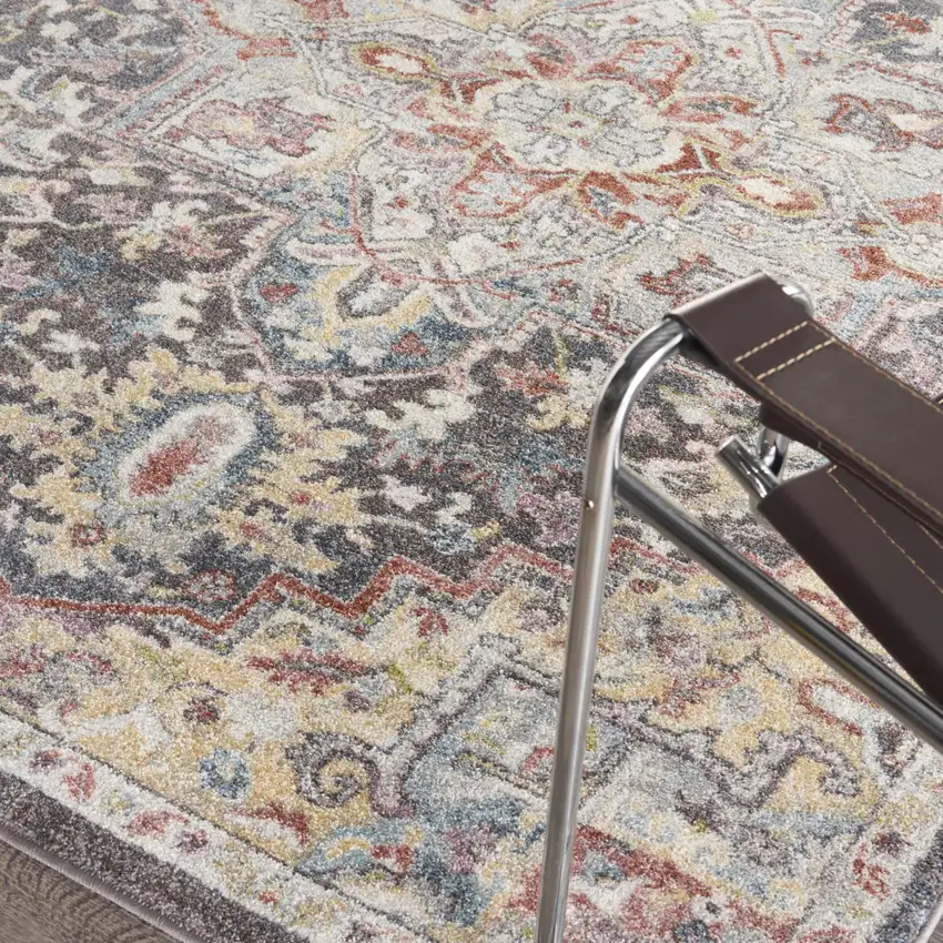 Charcoal Brown and Yellow Floral Medallion Distressed Area Rug Photo 8