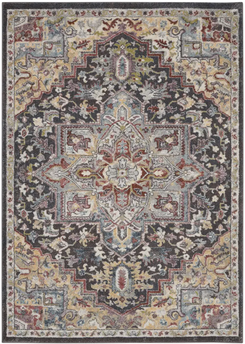 Charcoal Brown and Yellow Floral Medallion Distressed Area Rug Photo 2