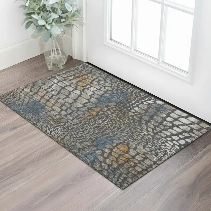 Charcoal Copper And Blue Abstract Geometric Washable Area Rug With UV Protection Photo 2