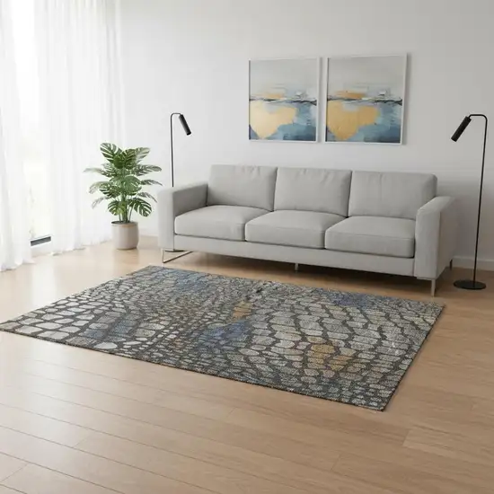 Charcoal Copper And Blue Abstract Geometric Washable Area Rug With UV Protection Photo 2