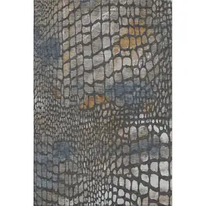Photo of Charcoal Copper And Blue Abstract Geometric Washable Area Rug With UV Protection