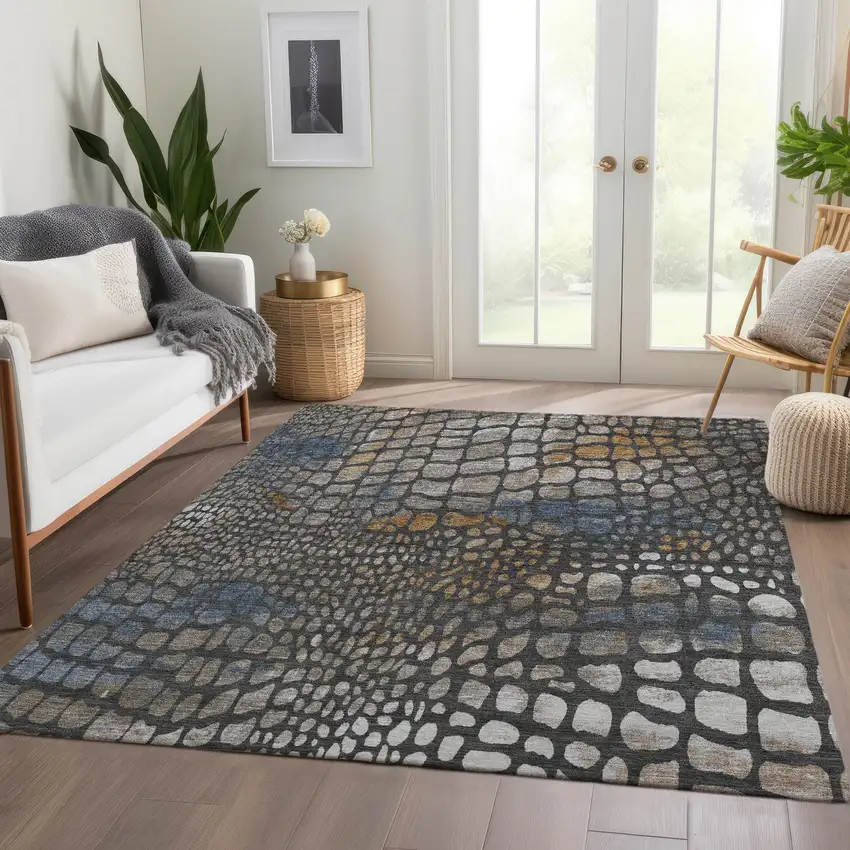 Charcoal Copper And Blue Abstract Geometric Washable Area Rug With UV Protection Photo 5