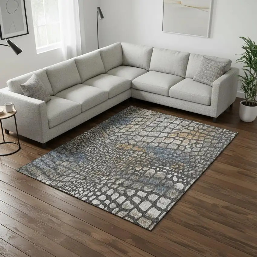 Charcoal Copper And Blue Abstract Geometric Washable Area Rug With UV Protection Photo 2