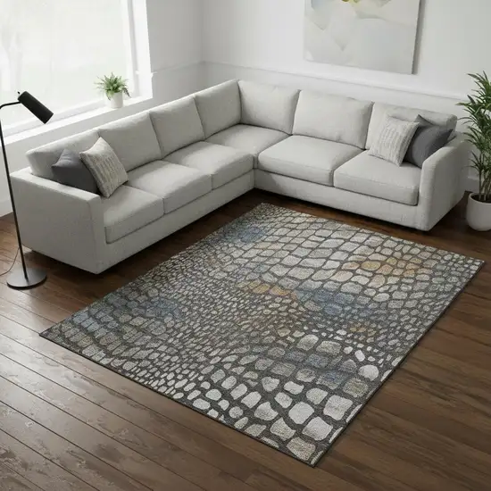 Charcoal Copper And Blue Abstract Geometric Washable Area Rug With UV Protection Photo 2