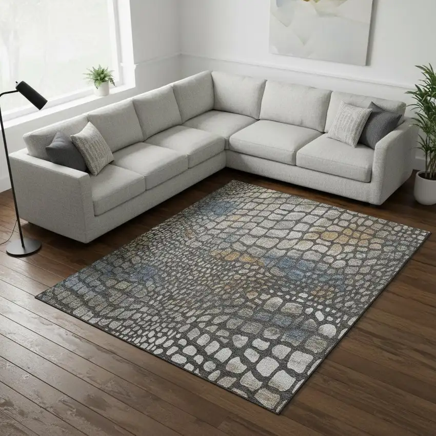 Charcoal Copper And Blue Abstract Geometric Washable Area Rug With UV Protection Photo 2