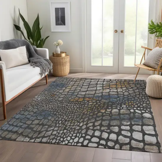 Charcoal Copper And Blue Abstract Geometric Washable Area Rug With UV Protection Photo 5