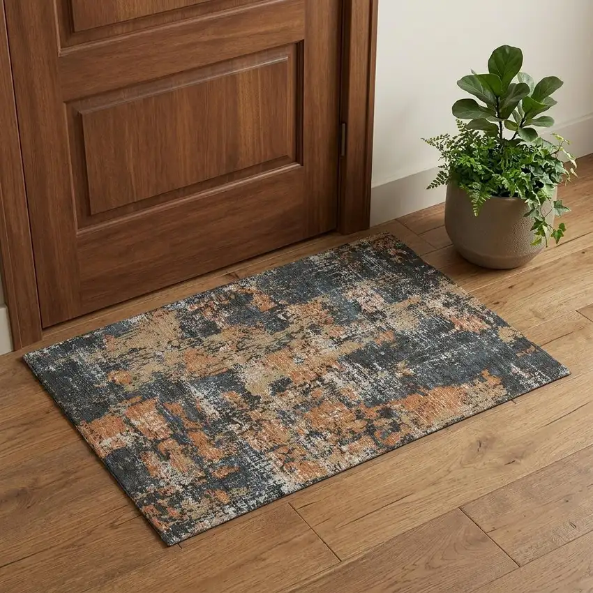 Charcoal Copper And Gray Abstract Washable Area Rug With UV Protection Photo 1