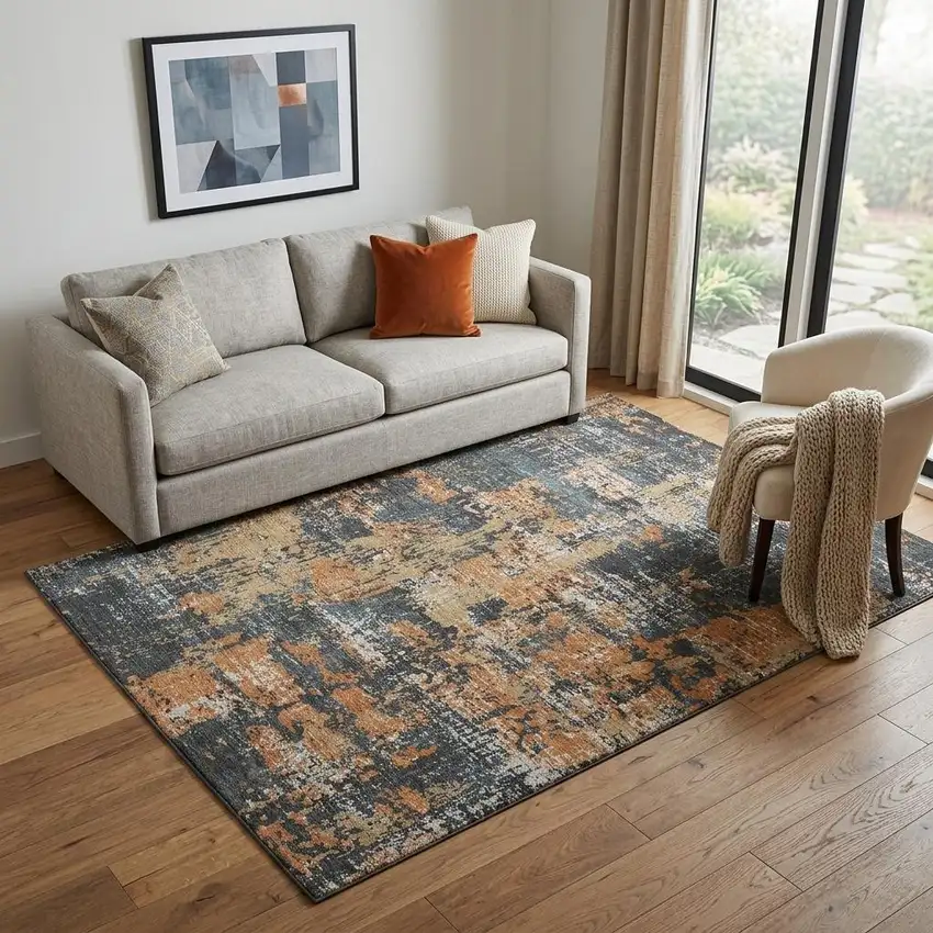 Charcoal Copper And Gray Abstract Washable Area Rug With UV Protection Photo 1