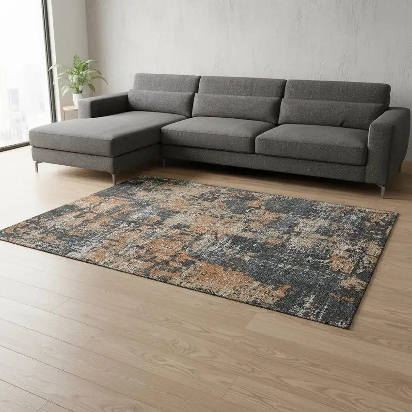 Charcoal Copper And Gray Abstract Washable Area Rug With UV Protection Photo 2
