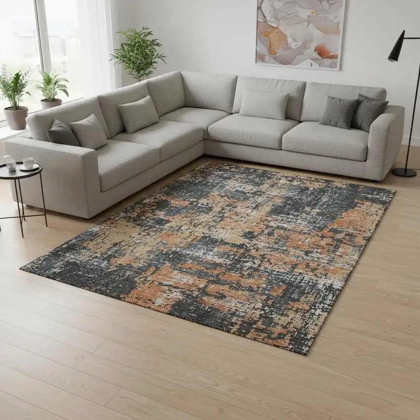 Charcoal Copper And Gray Abstract Washable Area Rug With UV Protection Photo 2