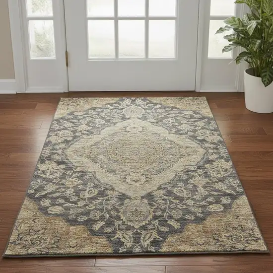Charcoal Copper And Gray Floral Medallion Washable Area Rug With UV Protection Photo 2