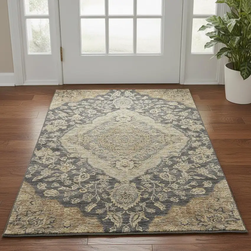 Charcoal Copper And Gray Floral Medallion Washable Area Rug With UV Protection Photo 2