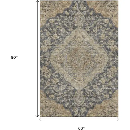 Charcoal Copper And Gray Floral Medallion Washable Area Rug With UV Protection Photo 7