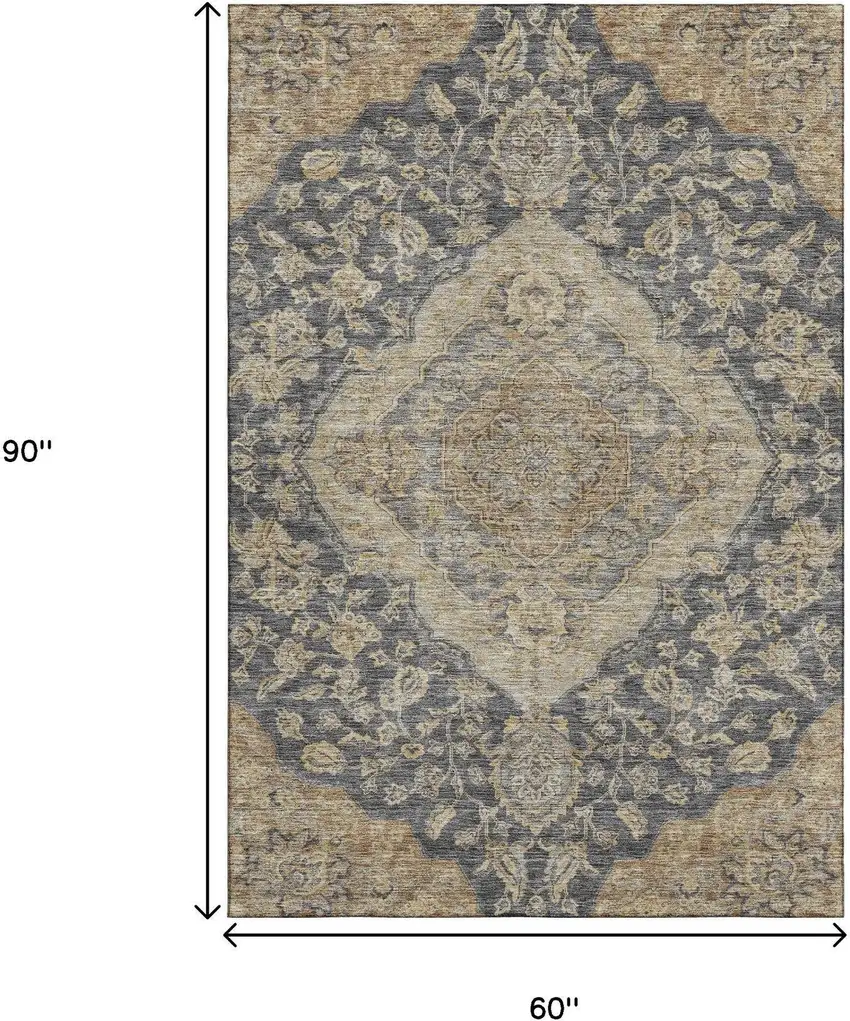 Charcoal Copper And Gray Floral Medallion Washable Area Rug With UV Protection Photo 7