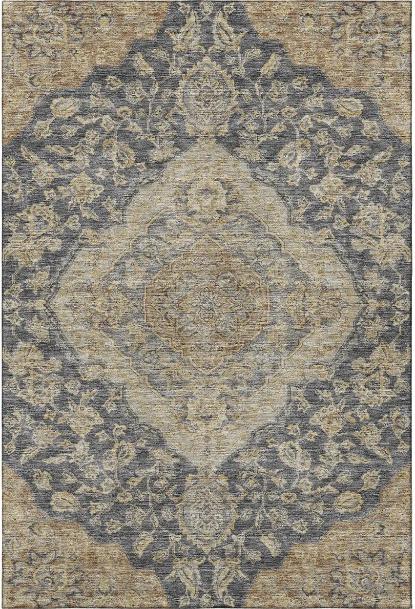 Charcoal Copper And Gray Floral Medallion Washable Area Rug With UV Protection Photo 3
