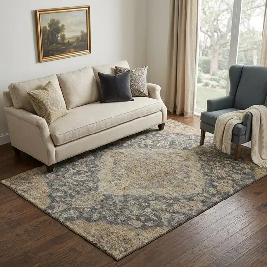 Charcoal Copper And Gray Floral Medallion Washable Area Rug With UV Protection Photo 1