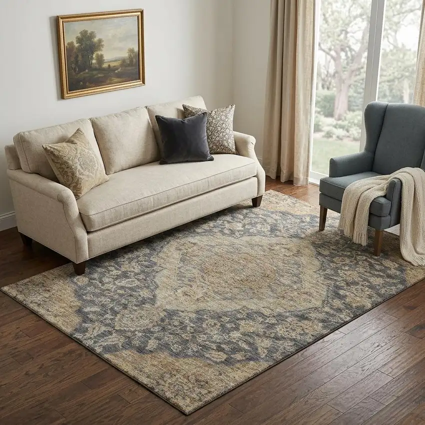 Charcoal Copper And Gray Floral Medallion Washable Area Rug With UV Protection Photo 1