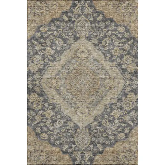 Charcoal Copper And Gray Floral Medallion Washable Area Rug With UV Protection Photo 1