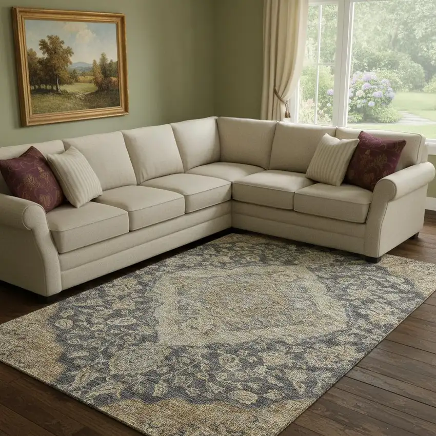 Charcoal Copper And Gray Floral Medallion Washable Area Rug With UV Protection Photo 2