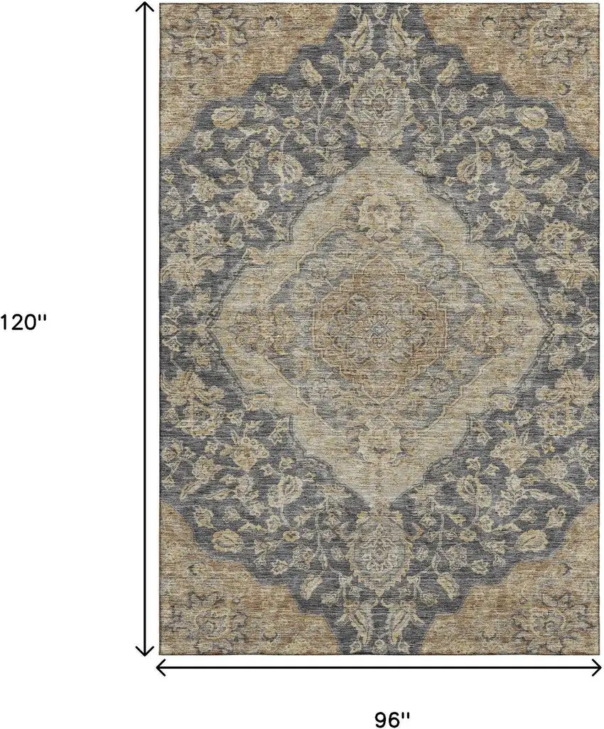 Charcoal Copper And Gray Floral Medallion Washable Area Rug With UV Protection Photo 6