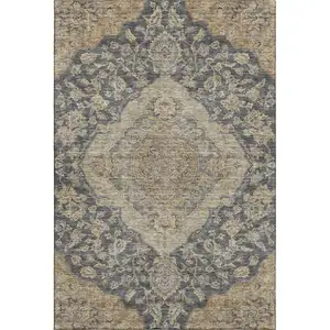 Photo of Charcoal Copper And Gray Floral Medallion Washable Area Rug With UV Protection