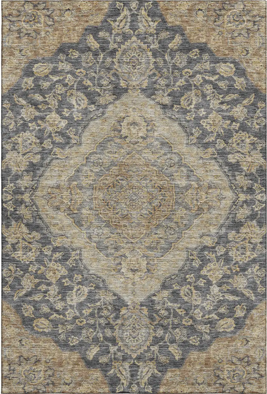 Charcoal Copper And Gray Floral Medallion Washable Area Rug With UV Protection Photo 1