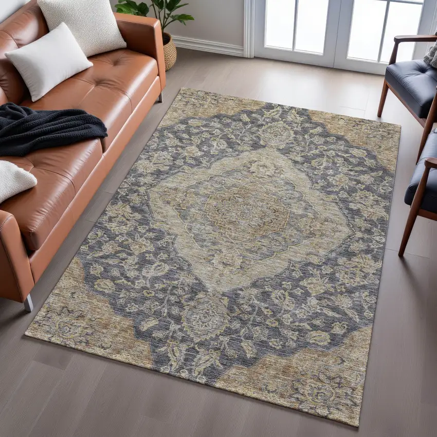 Charcoal Copper And Gray Floral Medallion Washable Area Rug With UV Protection Photo 5
