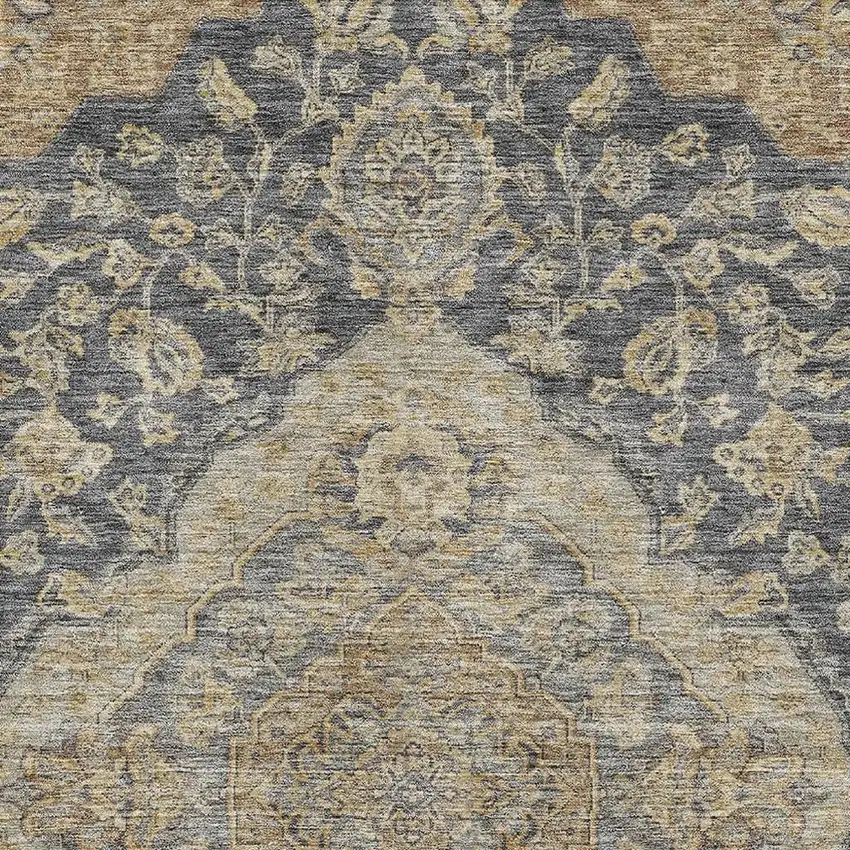 Charcoal Copper And Gray Floral Medallion Washable Area Rug With UV Protection Photo 2