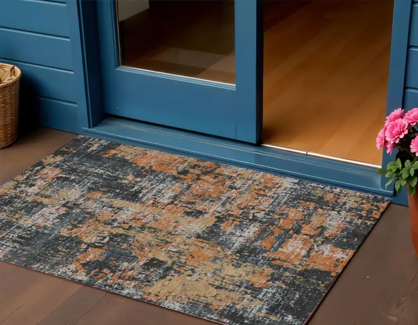 Charcoal Copper And Ivory Abstract Washable Indoor Outdoor Area Rug Photo 1