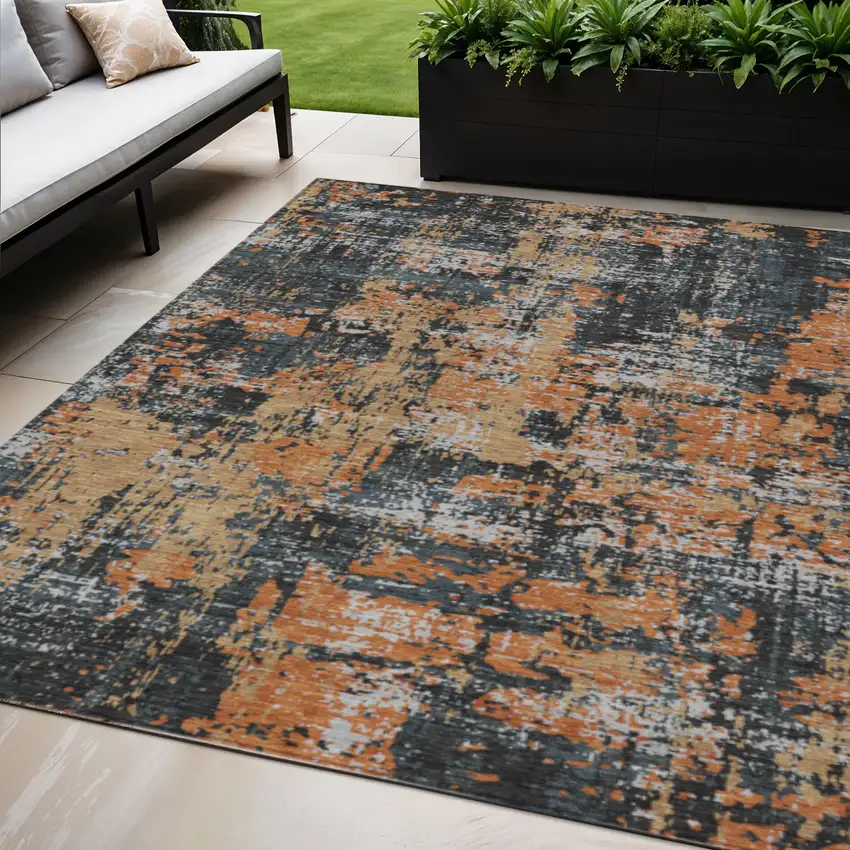Charcoal Copper And Ivory Abstract Washable Indoor Outdoor Area Rug Photo 1