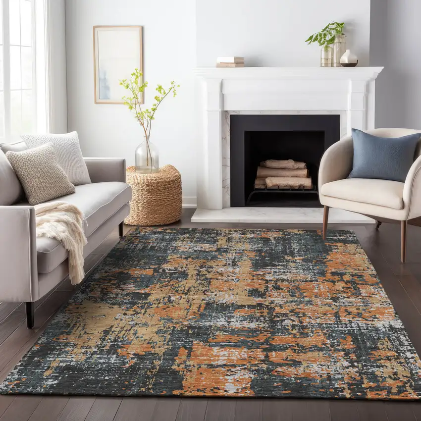 Charcoal Copper And Ivory Abstract Washable Indoor Outdoor Area Rug Photo 9