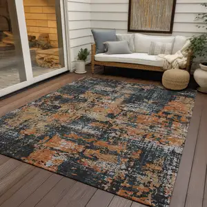 Photo of Charcoal Copper And Ivory Abstract Washable Indoor Outdoor Area Rug