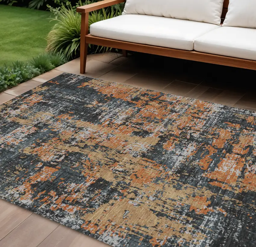 Charcoal Copper And Ivory Abstract Washable Indoor Outdoor Area Rug Photo 1