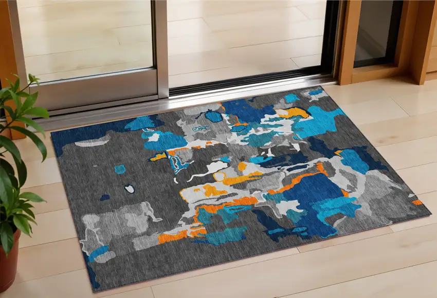 Charcoal Copper And Teal Blue Abstract Washable Indoor Outdoor Area Rug Photo 1