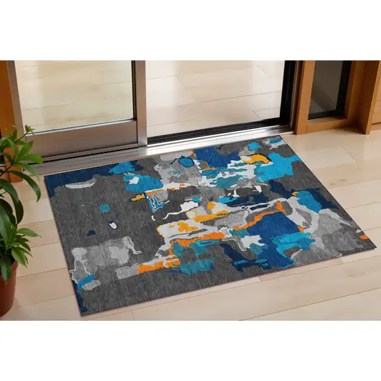 Charcoal Copper And Teal Blue Abstract Washable Indoor Outdoor Area Rug Photo 1