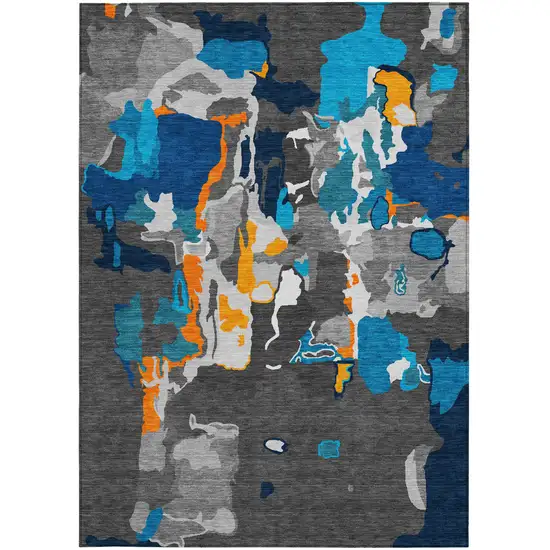 Charcoal Copper And Teal Blue Abstract Washable Indoor Outdoor Area Rug Photo 6