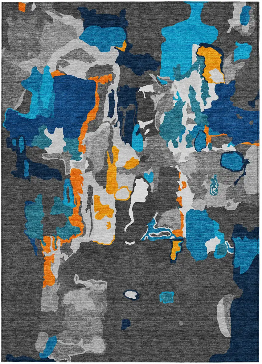 Charcoal Copper And Teal Blue Abstract Washable Indoor Outdoor Area Rug Photo 6