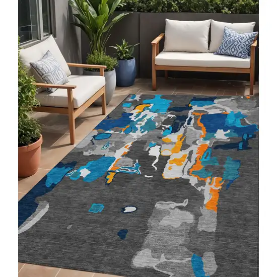 Charcoal Copper And Teal Blue Abstract Washable Indoor Outdoor Area Rug Photo 1