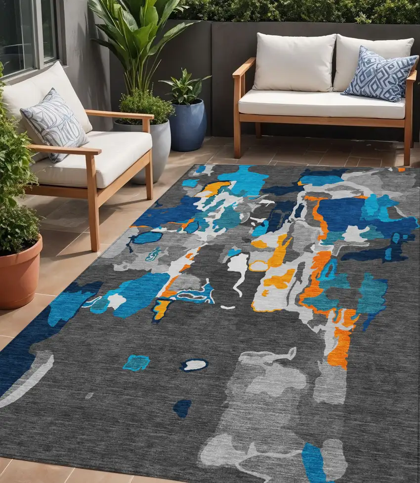 Charcoal Copper And Teal Blue Abstract Washable Indoor Outdoor Area Rug Photo 1