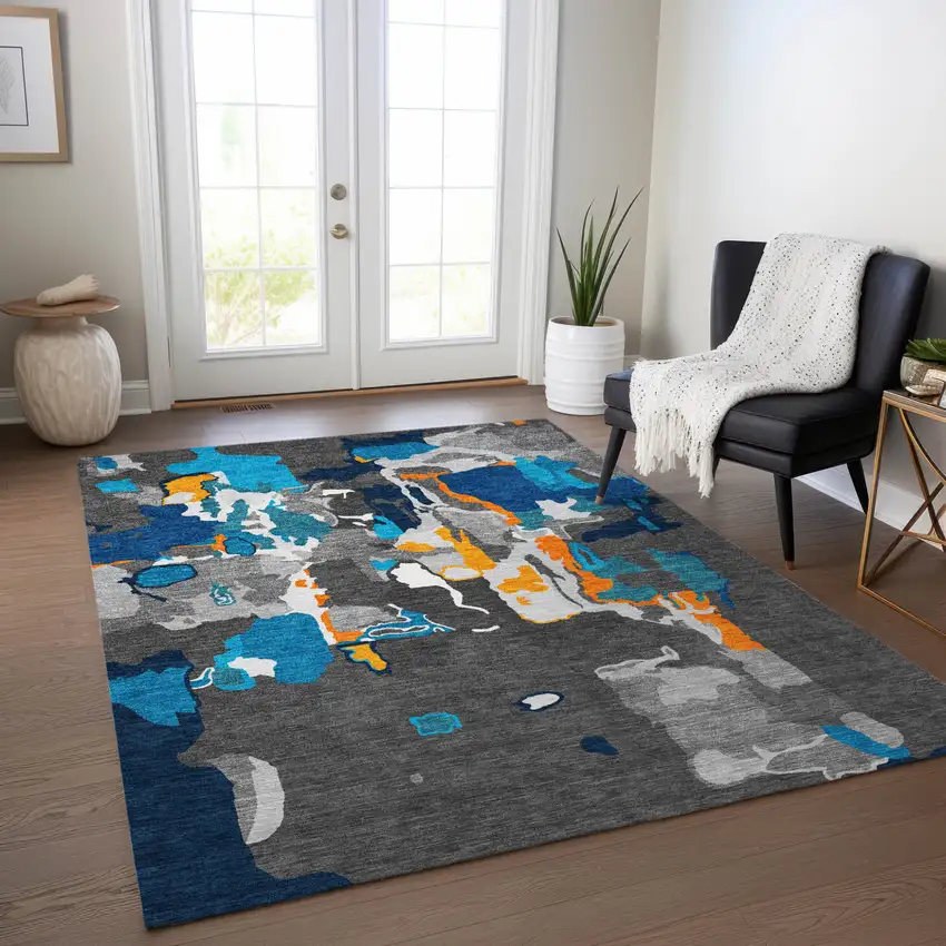 Charcoal Copper And Teal Blue Abstract Washable Indoor Outdoor Area Rug Photo 8