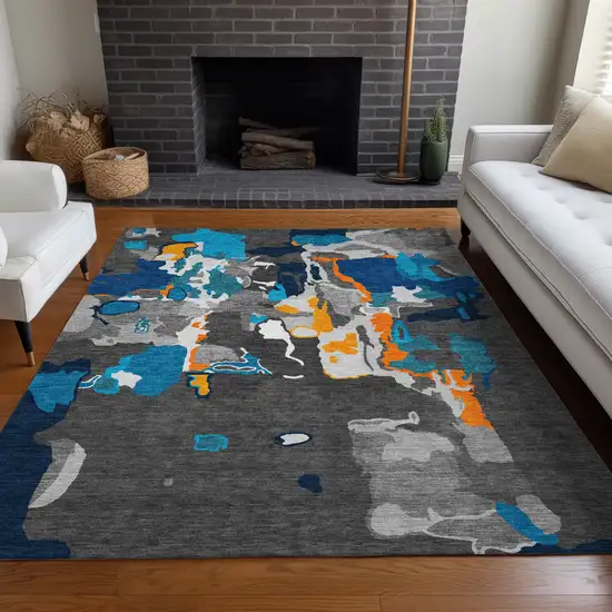 Charcoal Copper And Teal Blue Abstract Washable Indoor Outdoor Area Rug Photo 9